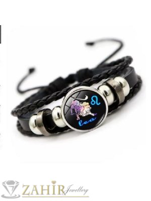 Гривна талисман със ЗОДИЯ ЛЪВ с плочка 2 см и черна  ест. кожа, регулируема дължина, метални рингове - ZG1154